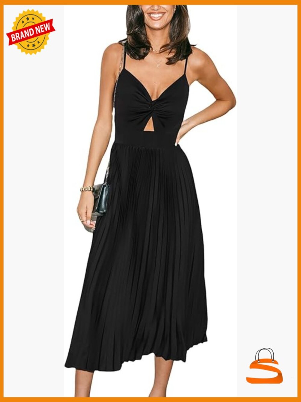 Spaghetti Strap Midi Dress Sleeveless Pleated Cutout Formal